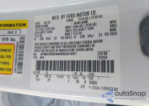 2022 Ford Bronco Sport Badlands z USA, uszkodzony, nr VIN 3FMCR9D94NRD41601